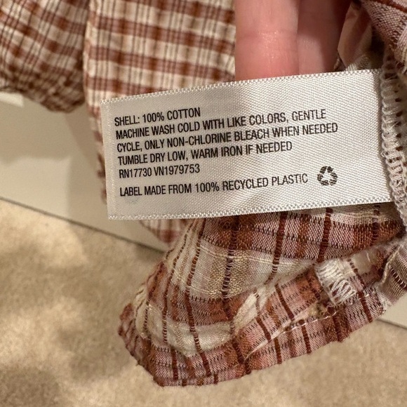 Brown and White Plaid Peasant Blouse with 3/4 Sleeves - Picture 3 of 4